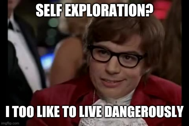 I Too Like To Live Dangerously Meme | SELF EXPLORATION? I TOO LIKE TO LIVE DANGEROUSLY | image tagged in memes,i too like to live dangerously | made w/ Imgflip meme maker