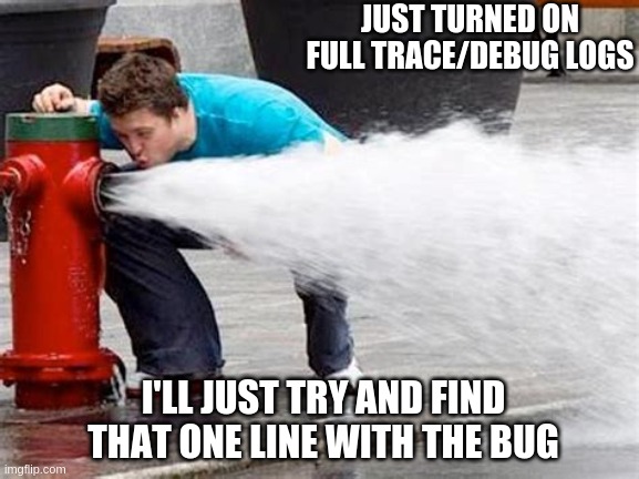 turned debug to maximum | JUST TURNED ON FULL TRACE/DEBUG LOGS; I'LL JUST TRY AND FIND THAT ONE LINE WITH THE BUG | image tagged in drinking from the fire hydrant | made w/ Imgflip meme maker