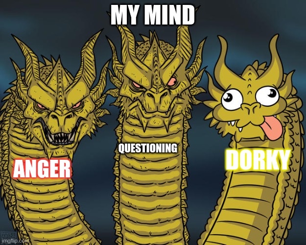 me | MY MIND; QUESTIONING; DORKY; ANGER | image tagged in three-headed dragon | made w/ Imgflip meme maker