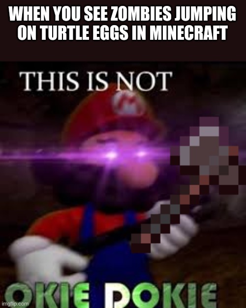 *Doom music plays* | WHEN YOU SEE ZOMBIES JUMPING ON TURTLE EGGS IN MINECRAFT | image tagged in this is not okie dokie,minecraft | made w/ Imgflip meme maker