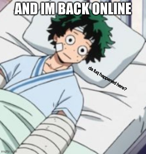 I am now just gonna call Deku Leafy head | AND IM BACK ONLINE | image tagged in da fuq | made w/ Imgflip meme maker