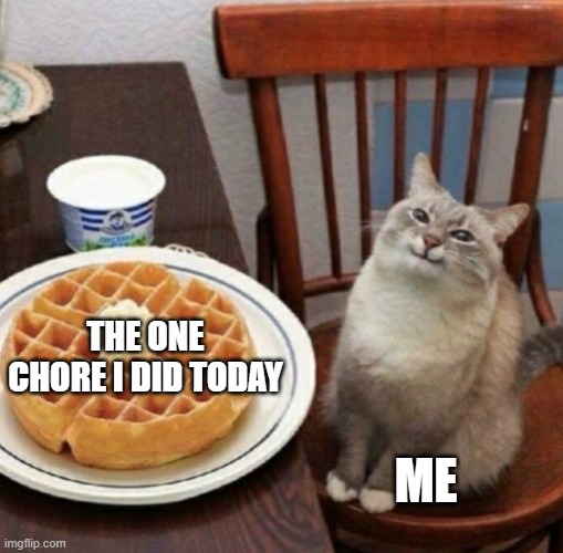 welp, time to take a break | THE ONE CHORE I DID TODAY; ME | image tagged in cat likes their waffle | made w/ Imgflip meme maker