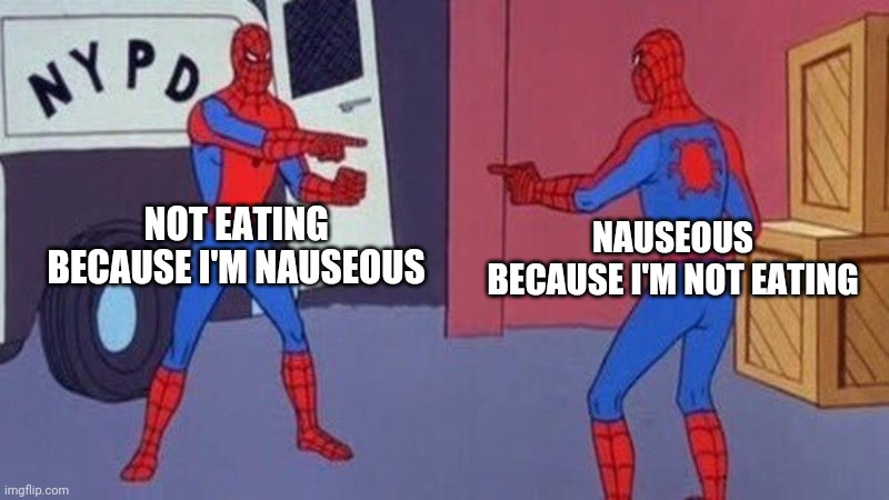 Confusing | NOT EATING BECAUSE I'M NAUSEOUS; NAUSEOUS BECAUSE I'M NOT EATING | image tagged in spiderman pointing at spiderman | made w/ Imgflip meme maker