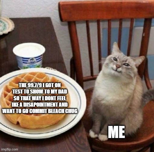 HAHA I WAS A MISTAKE | THE 99.7/9 I GOT ON TEST TO SHOW TO MY DAD SO THAT WAY I DONT FEEL IKE A DISAPOINTMENT AND WANT TO GO COMMIT BLEACH CHUG; ME | image tagged in cat likes their waffle | made w/ Imgflip meme maker