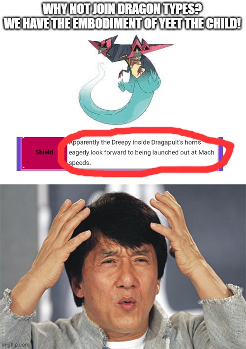 Wth? |  WHY NOT JOIN DRAGON TYPES?
WE HAVE THE EMBODIMENT OF YEET THE CHILD! | image tagged in blank white template,jackie chan confused | made w/ Imgflip meme maker