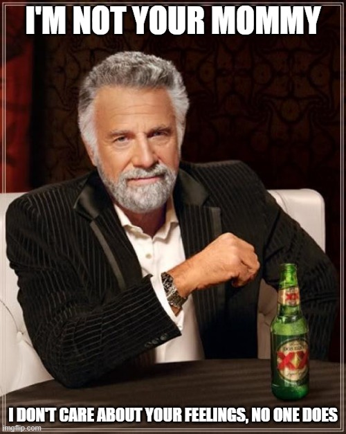 The Most Interesting Man In The World | I'M NOT YOUR MOMMY; I DON'T CARE ABOUT YOUR FEELINGS, NO ONE DOES | image tagged in memes,the most interesting man in the world | made w/ Imgflip meme maker