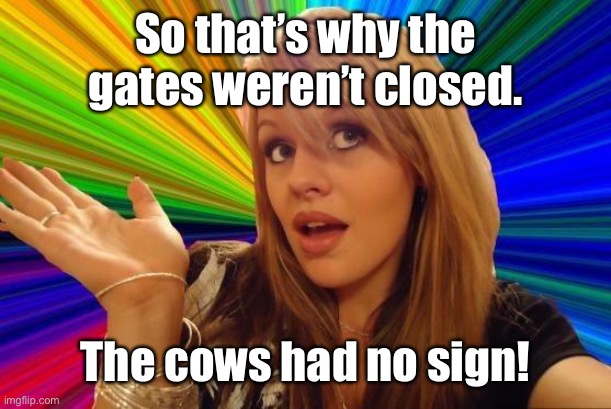 Dumb Blonde Meme | So that’s why the gates weren’t closed. The cows had no sign! | image tagged in memes,dumb blonde | made w/ Imgflip meme maker