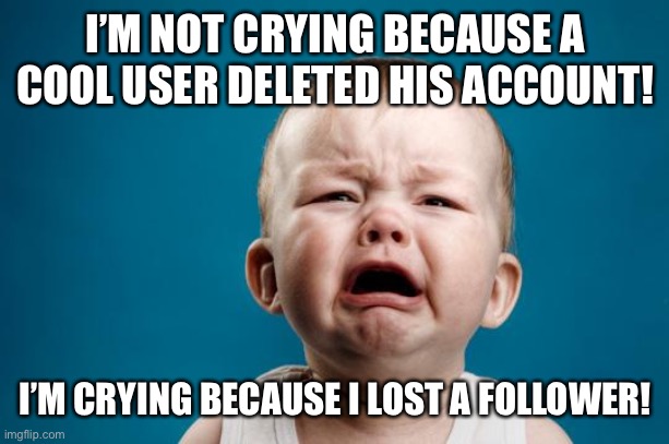 Reepeeper | I’M NOT CRYING BECAUSE A COOL USER DELETED HIS ACCOUNT! I’M CRYING BECAUSE I LOST A FOLLOWER! | image tagged in baby crying,funny,memes,followers,imgflip | made w/ Imgflip meme maker