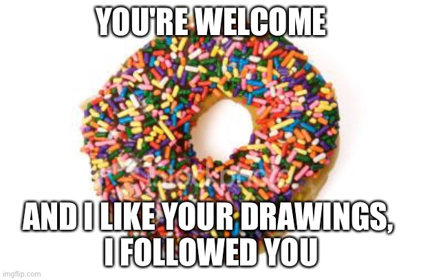 donut | YOU'RE WELCOME AND I LIKE YOUR DRAWINGS, 
I FOLLOWED YOU | image tagged in donut | made w/ Imgflip meme maker