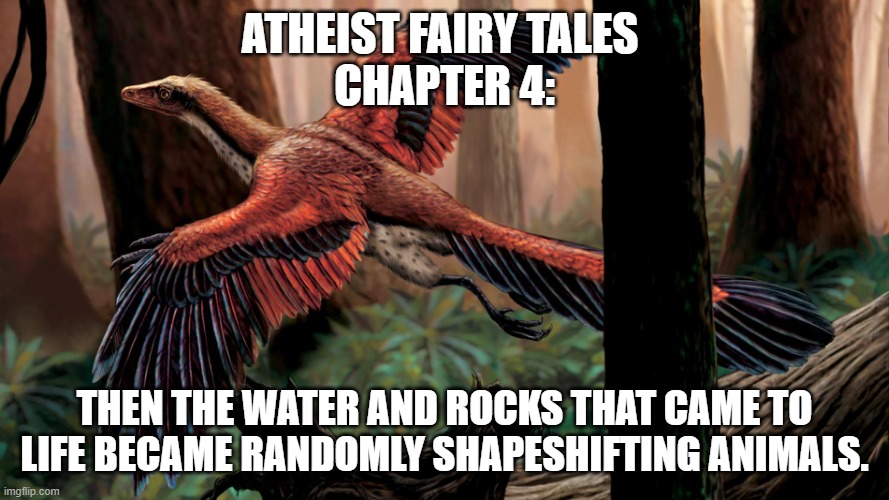 Inspired by the website RedPillReligion.com |  ATHEIST FAIRY TALES 
CHAPTER 4:; THEN THE WATER AND ROCKS THAT CAME TO LIFE BECAME RANDOMLY SHAPESHIFTING ANIMALS. | image tagged in archeops next evolution,memes,evolution,atheism,god religion universe,religion | made w/ Imgflip meme maker