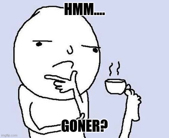 Thinking dude with a tea cup | HMM.... GONER? | image tagged in thinking dude with a tea cup | made w/ Imgflip meme maker