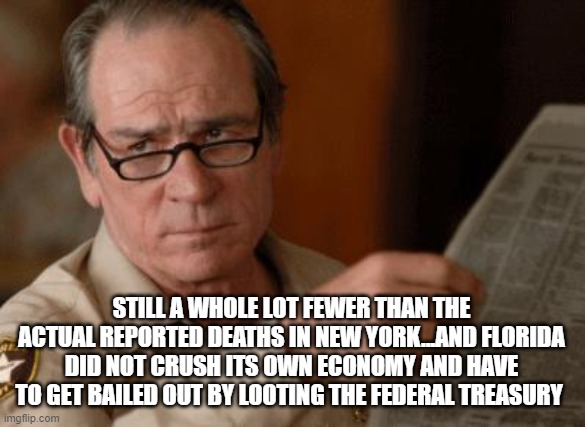 Tommy Lee Jones | STILL A WHOLE LOT FEWER THAN THE ACTUAL REPORTED DEATHS IN NEW YORK...AND FLORIDA DID NOT CRUSH ITS OWN ECONOMY AND HAVE TO GET BAILED OUT B | image tagged in tommy lee jones | made w/ Imgflip meme maker