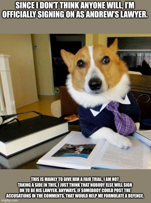 Lawyer Corgi Dog | SINCE I DON’T THINK ANYONE WILL, I’M OFFICIALLY SIGNING ON AS ANDREW’S LAWYER. THIS IS MAINLY TO GIVE HIM A FAIR TRIAL, I AM NOT TAKING A SIDE IN THIS, I JUST THINK THAT NOBODY ELSE WILL SIGN ON TO BE HIS LAWYER. ANYWAYS, IF SOMEBODY COULD POST THE ACCUSATIONS IN THE COMMENTS, THAT WOULD HELP ME FORMULATE A DEFENCE. | image tagged in lawyer corgi dog | made w/ Imgflip meme maker