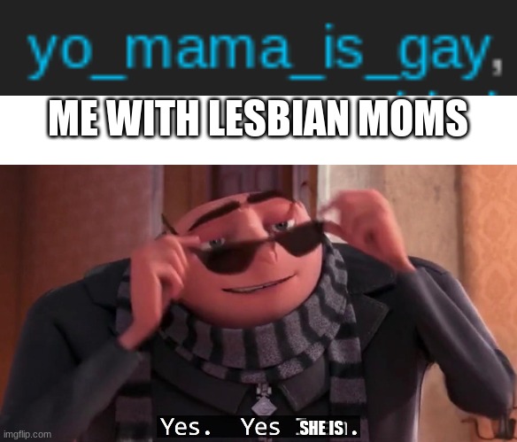 sorry- I messed up so I reuploaded- | ME WITH LESBIAN MOMS; SHE IS | image tagged in gru yes yes i am | made w/ Imgflip meme maker