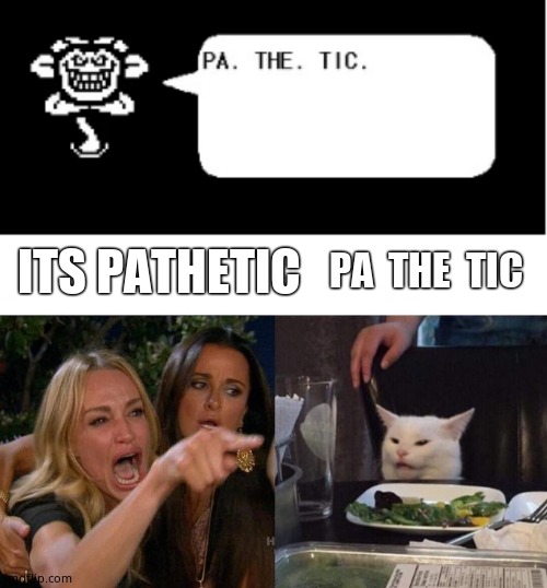 ITS PATHETIC; PA  THE  TIC | image tagged in pa the tic,memes,woman yelling at cat | made w/ Imgflip meme maker
