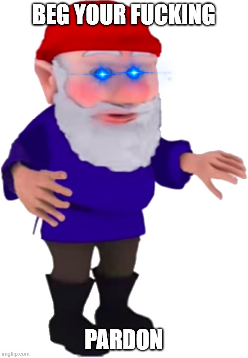 Gnome | BEG YOUR FUCKING PARDON | image tagged in gnome | made w/ Imgflip meme maker
