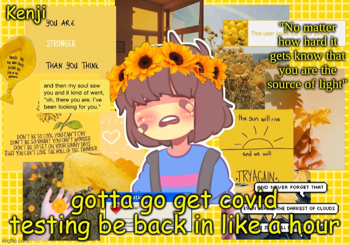 Frisk | gotta go get covid testing be back in like a hour | image tagged in frisk | made w/ Imgflip meme maker