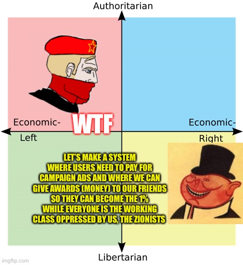 eat the rich | WTF; LET’S MAKE A SYSTEM WHERE USERS NEED TO PAY FOR CAMPAIGN ADS AND WHERE WE CAN GIVE AWARDS (MONEY) TO OUR FRIENDS SO THEY CAN BECOME THE 1% WHILE EVERYONE IS THE WORKING CLASS OPPRESSED BY US, THE ZIONISTS | image tagged in political compass | made w/ Imgflip meme maker