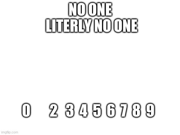 no one | NO ONE
 LITERLY NO ONE; 0       2   3  4  5  6  7  8  9 | image tagged in blank white template,memes | made w/ Imgflip meme maker