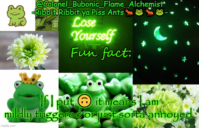 Colonel's Rubber Froggie temp | Fun fact:; If I put 🙃 it means I am mildly triggered or just sorta annoyed | image tagged in colonel's rubber froggie temp | made w/ Imgflip meme maker