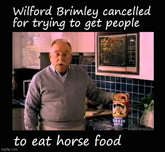 Wilford Brimley cancelled | Wilford Brimley cancelled
for trying to get people; to eat horse food | image tagged in wilford brimley | made w/ Imgflip meme maker