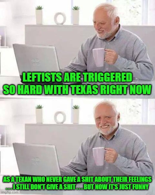 Why did I use this template? Because I felt like it. It's fun watching the left cry about Texas. | LEFTISTS ARE TRIGGERED SO HARD WITH TEXAS RIGHT NOW; AS A TEXAN WHO NEVER GAVE A SHIT ABOUT THEIR FEELINGS . . . I STILL DON'T GIVE A SHIT . . . BUT NOW IT'S JUST FUNNY | image tagged in memes,hide the pain harold | made w/ Imgflip meme maker