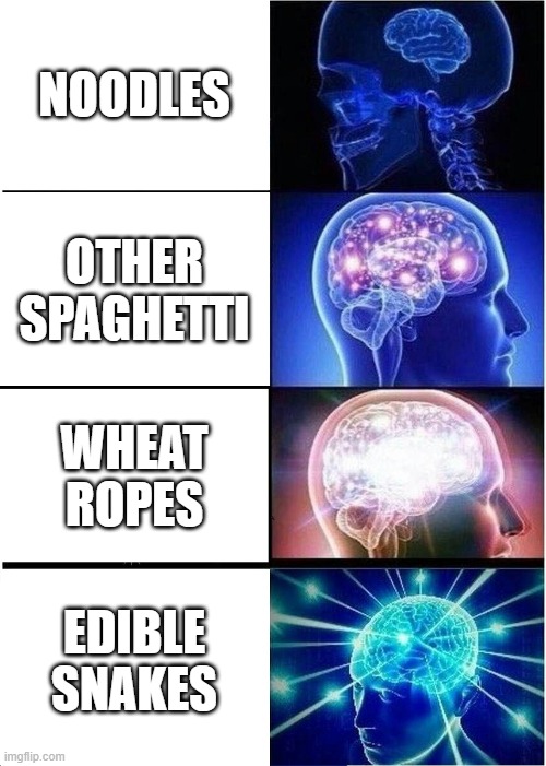 Expanding Brain Meme | NOODLES; OTHER SPAGHETTI; WHEAT ROPES; EDIBLE SNAKES | image tagged in memes,expanding brain,true | made w/ Imgflip meme maker