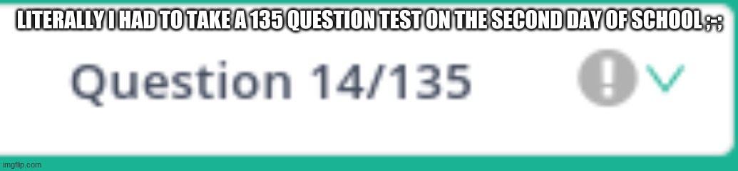 Bruh- | LITERALLY I HAD TO TAKE A 135 QUESTION TEST ON THE SECOND DAY OF SCHOOL ;-; | image tagged in school | made w/ Imgflip meme maker