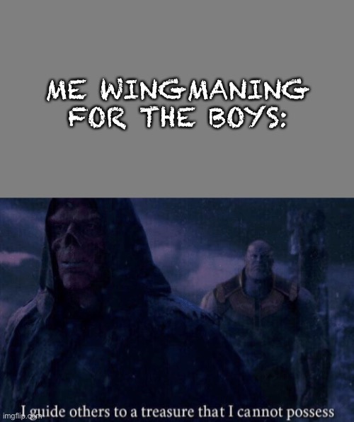 ME WINGMANING FOR THE BOYS: | image tagged in blank grey,i guide others to a treasure i cannot possess | made w/ Imgflip meme maker