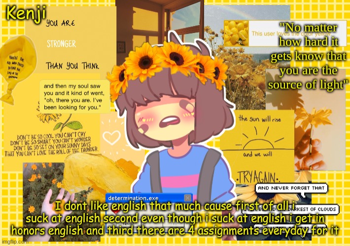 Frisk | I dont like english that much cause first of all i suck at english second even though i suck at english i get in honors english and third there are 4 assignments everyday for it | image tagged in frisk | made w/ Imgflip meme maker