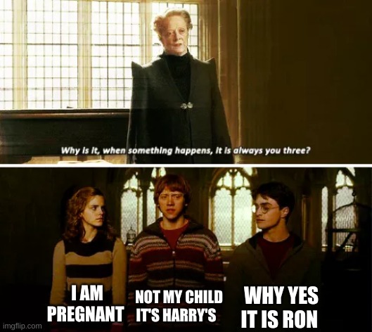 Pregnant Hermione | WHY YES IT IS RON; I AM PREGNANT; NOT MY CHILD IT'S HARRY'S | image tagged in always you three,hermione granger,harry potter,ronald welsey,pregnant | made w/ Imgflip meme maker