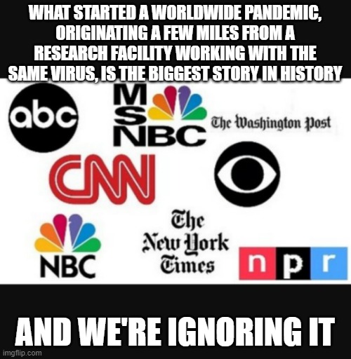 They really don't care | WHAT STARTED A WORLDWIDE PANDEMIC, ORIGINATING A FEW MILES FROM A RESEARCH FACILITY WORKING WITH THE SAME VIRUS, IS THE BIGGEST STORY IN HISTORY; AND WE'RE IGNORING IT | image tagged in media lies | made w/ Imgflip meme maker