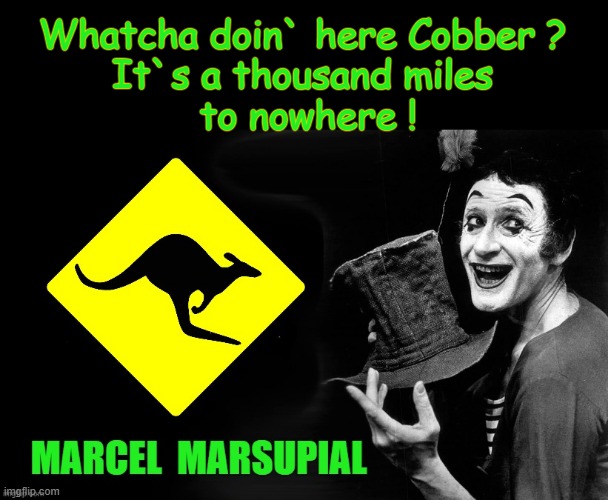 Marcel Marsupial | Whatcha doin` here Cobber ?
It`s a thousand miles
 to nowhere ! | image tagged in wizard of oz | made w/ Imgflip meme maker