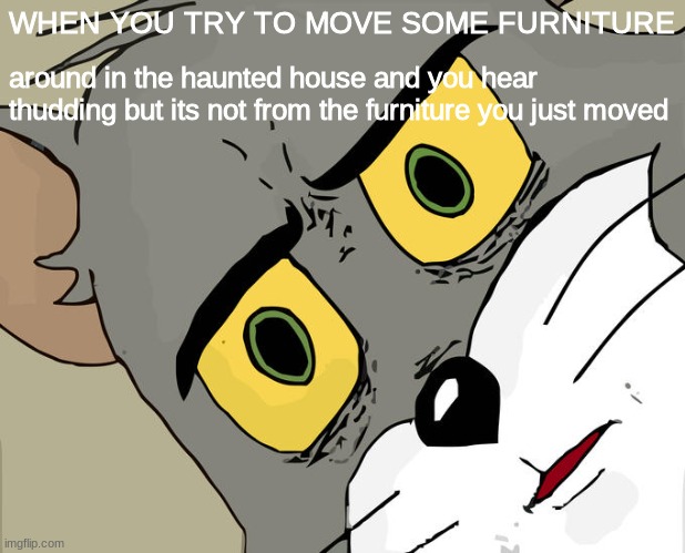 Unsettled Tom Meme | WHEN YOU TRY TO MOVE SOME FURNITURE; around in the haunted house and you hear thudding but its not from the furniture you just moved | image tagged in memes,unsettled tom | made w/ Imgflip meme maker