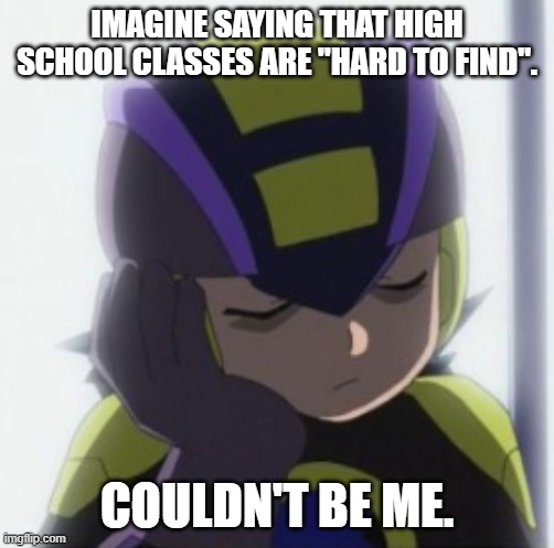 Dark MegaMan.EXE Bored Face | IMAGINE SAYING THAT HIGH SCHOOL CLASSES ARE "HARD TO FIND". COULDN'T BE ME. | image tagged in dark megaman exe bored face | made w/ Imgflip meme maker