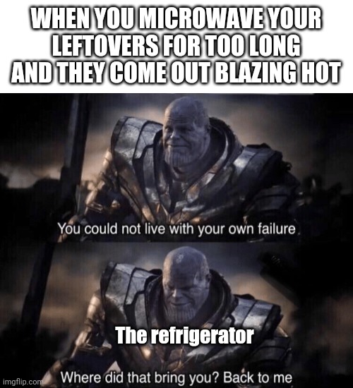 Reheating | WHEN YOU MICROWAVE YOUR LEFTOVERS FOR TOO LONG AND THEY COME OUT BLAZING HOT; The refrigerator | image tagged in you couldn't live with your own failure,too hot,refrigerator | made w/ Imgflip meme maker
