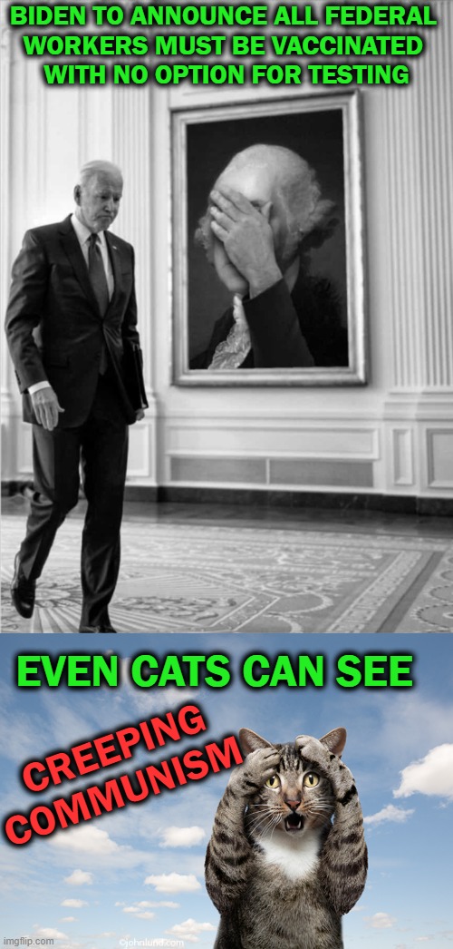 Joe Stolen Strikes Again! | BIDEN TO ANNOUNCE ALL FEDERAL 
WORKERS MUST BE VACCINATED 
WITH NO OPTION FOR TESTING; CREEPING COMMUNISM; EVEN CATS CAN SEE | image tagged in political meme,joe biden,executive order,communist,covid jab | made w/ Imgflip meme maker