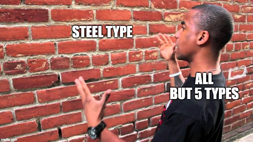 It's crazy defensive, and when Fairy came, it mashed them | STEEL TYPE; ALL BUT 5 TYPES | image tagged in talking to wall | made w/ Imgflip meme maker