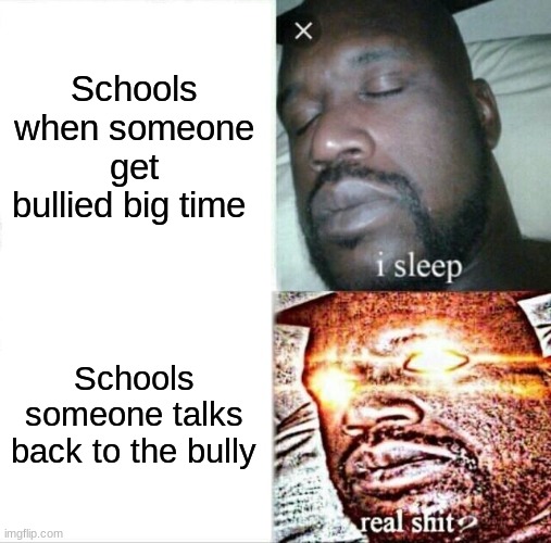 Sleeping Shaq | Schools when someone get bullied big time; Schools someone talks back to the bully | image tagged in memes,sleeping shaq,school meme | made w/ Imgflip meme maker