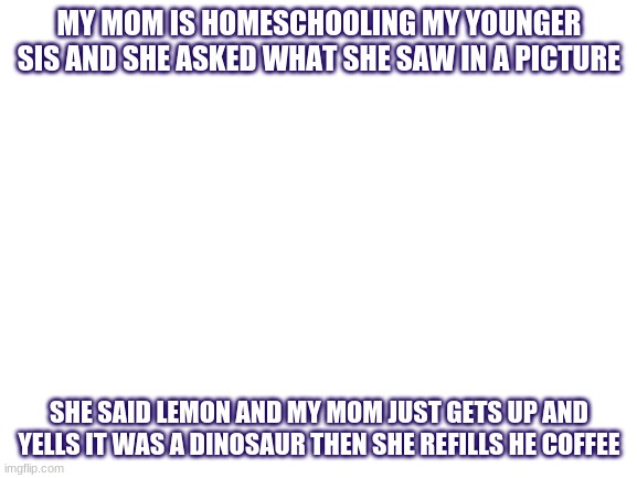 Blank White Template | MY MOM IS HOMESCHOOLING MY YOUNGER SIS AND SHE ASKED WHAT SHE SAW IN A PICTURE; SHE SAID LEMON AND MY MOM JUST GETS UP AND YELLS IT WAS A DINOSAUR THEN SHE REFILLS HE COFFEE | image tagged in blank white template | made w/ Imgflip meme maker