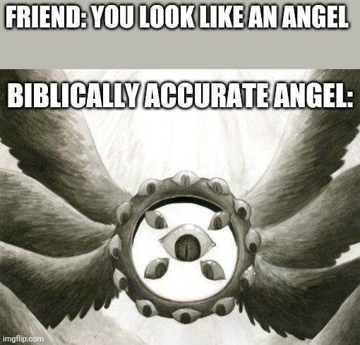 thanks for ruining my day | FRIEND: YOU LOOK LIKE AN ANGEL; BIBLICALLY ACCURATE ANGEL: | image tagged in funny,memes | made w/ Imgflip meme maker