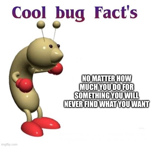 Nothing good happens | NO MATTER HOW MUCH YOU DO FOR SOMETHING YOU WILL NEVER FIND WHAT YOU WANT | image tagged in cool bug facts | made w/ Imgflip meme maker