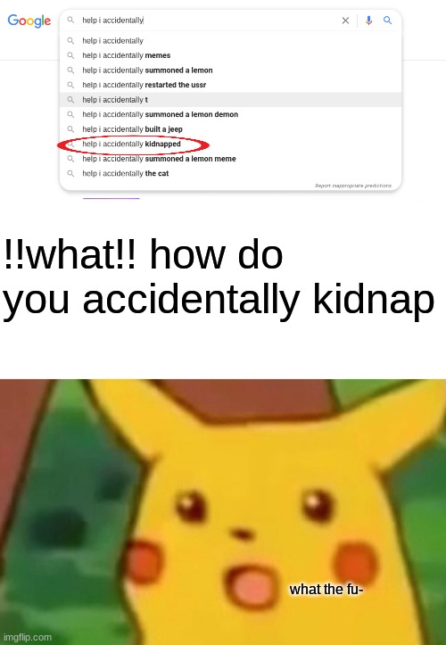 wait a minute?! | !!what!! how do you accidentally kidnap; what the fu- | image tagged in memes,surprised pikachu | made w/ Imgflip meme maker