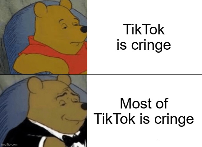 Tuxedo Winnie The Pooh Meme | TikTok is cringe Most of TikTok is cringe | image tagged in memes,tuxedo winnie the pooh | made w/ Imgflip meme maker