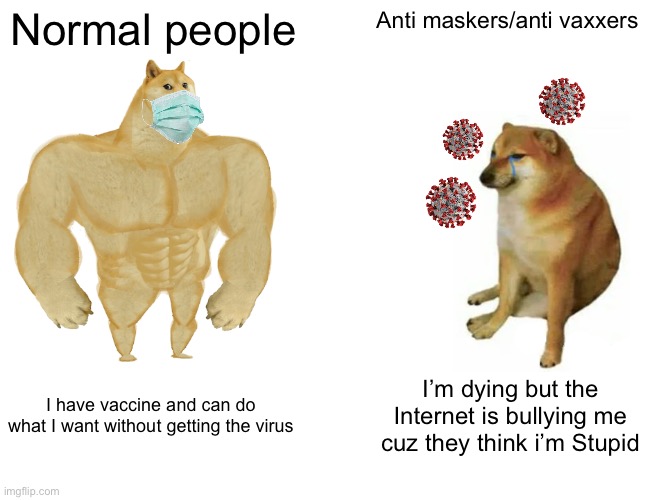 Buff Doge vs. Cheems |  Normal people; Anti maskers/anti vaxxers; I have vaccine and can do what I want without getting the virus; I’m dying but the Internet is bullying me cuz they think i’m Stupid | image tagged in memes,buff doge vs cheems,coronavirus,anti vax,face mask,karens | made w/ Imgflip meme maker