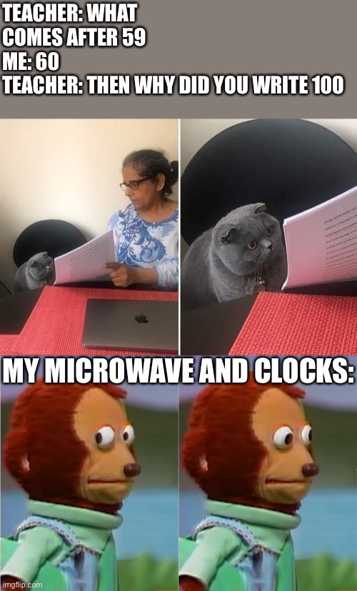 *insert original title here* | TEACHER: WHAT COMES AFTER 59
ME: 60
TEACHER: THEN WHY DID YOU WRITE 100; MY MICROWAVE AND CLOCKS: | image tagged in woman showing paper to cat,puppet monkey looking away,memes,school,math teacher,microwave | made w/ Imgflip meme maker