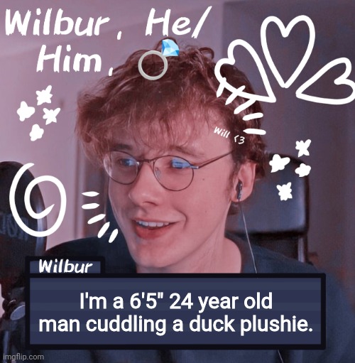 Wilbur | I'm a 6'5" 24 year old man cuddling a duck plushie. | image tagged in wilbur | made w/ Imgflip meme maker