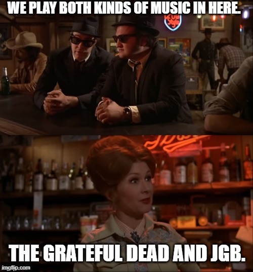 Blues Brothers Both Kinds | WE PLAY BOTH KINDS OF MUSIC IN HERE. THE GRATEFUL DEAD AND JGB. | image tagged in blues brothers both kinds | made w/ Imgflip meme maker