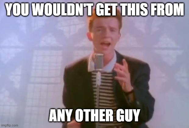 Rick Astley | YOU WOULDN'T GET THIS FROM ANY OTHER GUY | image tagged in rick astley | made w/ Imgflip meme maker