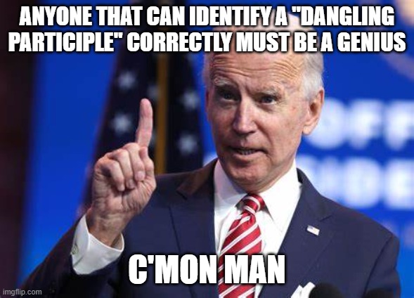 ANYONE THAT CAN IDENTIFY A "DANGLING PARTICIPLE" CORRECTLY MUST BE A GENIUS C'MON MAN | made w/ Imgflip meme maker